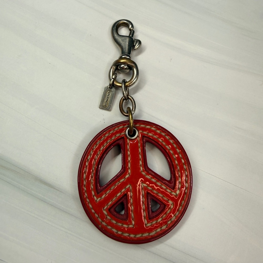Coach Peace Sign Bag Charm Red & Burgundy Patent Leather Keychain SilverTone Fob